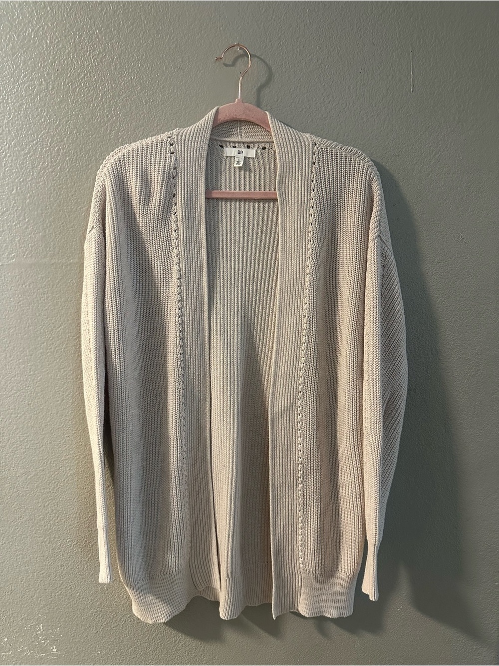 bp Open-Front Neutral Beige Ribbed Cardigan